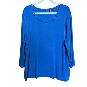 Chicos Travelers Top Womens XXL Blue Slinky Stretch Neck Cutout Detail Blouse